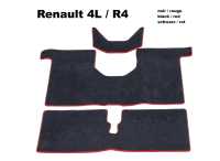 Renault - R4, Teppichsatz. Velour Exellence schwarz (noir) mit roter (rouge) Kunstleder Einfassung (
