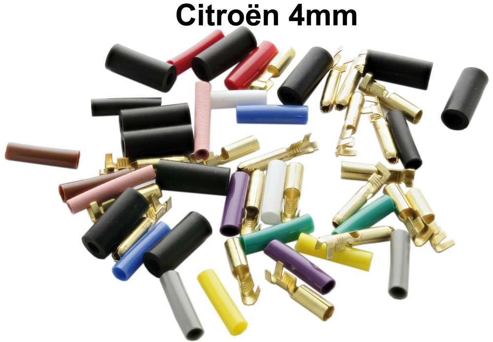 Citroen-2CV - Round plug 4mm. Stuffing contents: 10x plug, 10x sleeve. With suitable rubber sleeve and c
