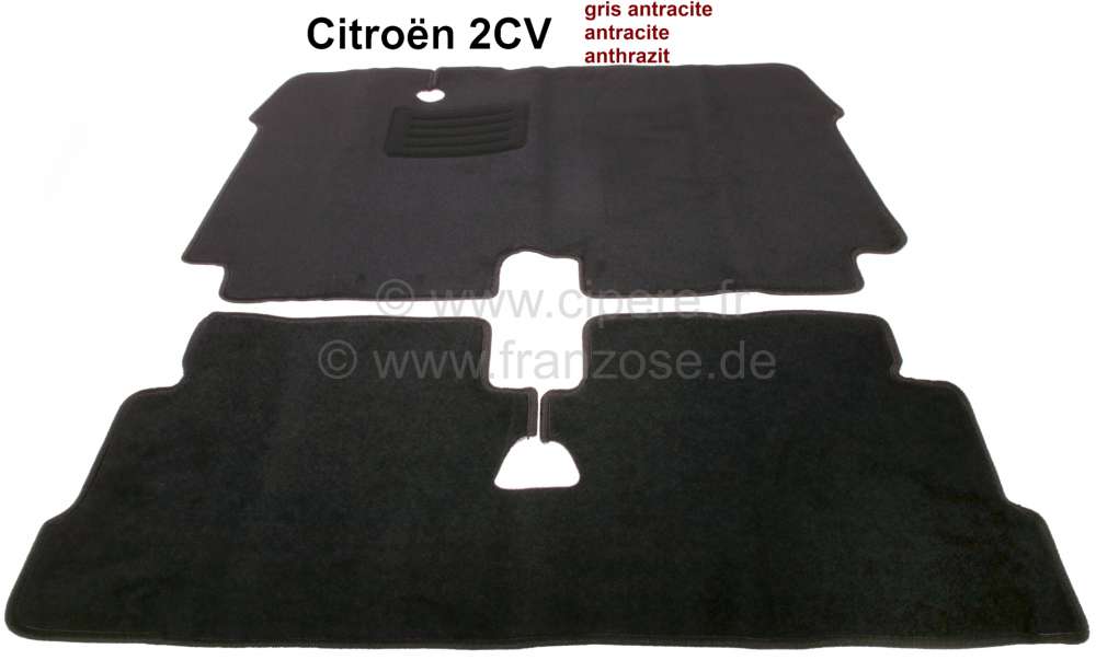 Citroen-2CV - Floor mat set in anthracite, for in front + rear (2-piece). Suitable for Citroen 2CV with 