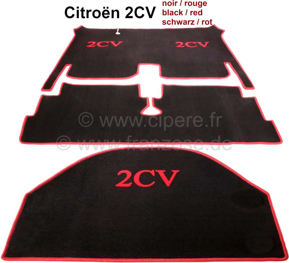 Citroen-2CV - Carpet set in Velour. Color: black, red bordered (3-pieces). The carpet set covers the com