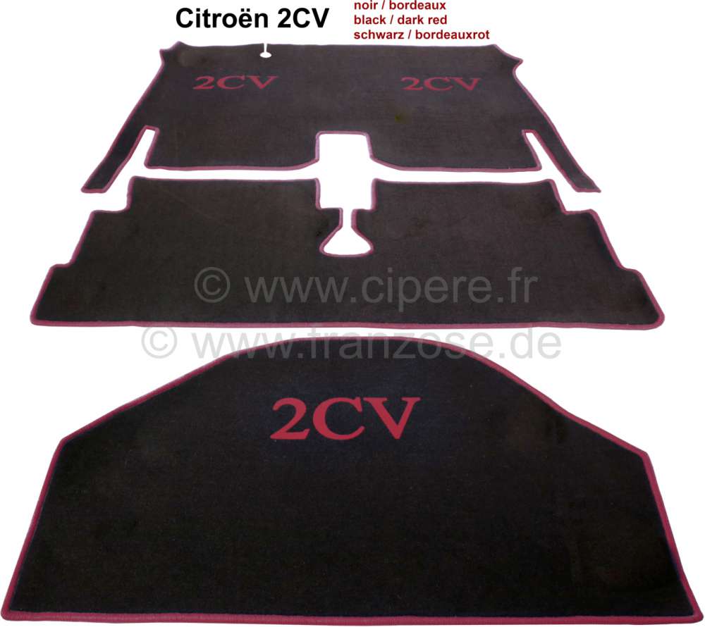 Renault - Carpet set in Velour. Color: black, bordeux (dark red) bordered (3-pieces). The carpet set