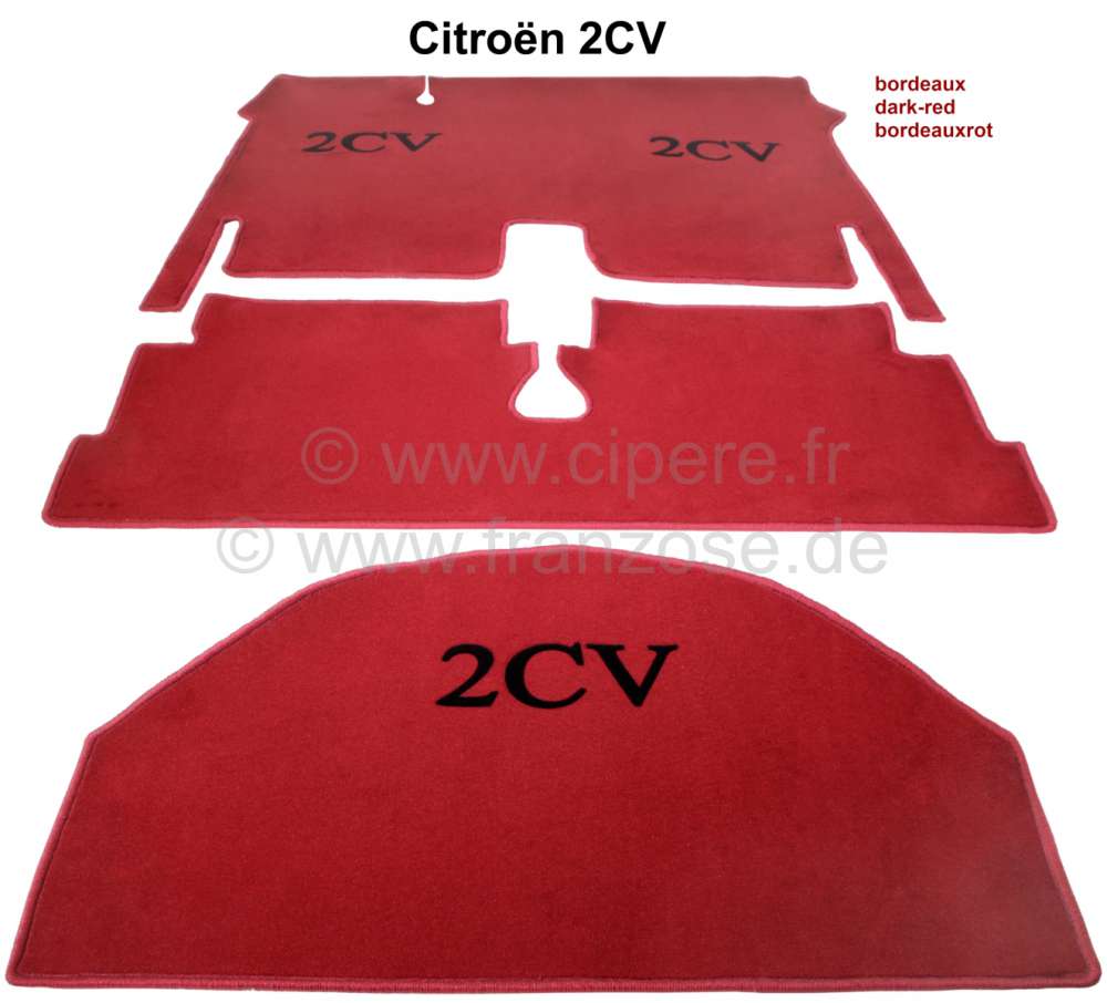 Citroen-2CV - Carpet set. Color: bordeux ret, bordeux red bordered (3-pieces). The carpet set covers the