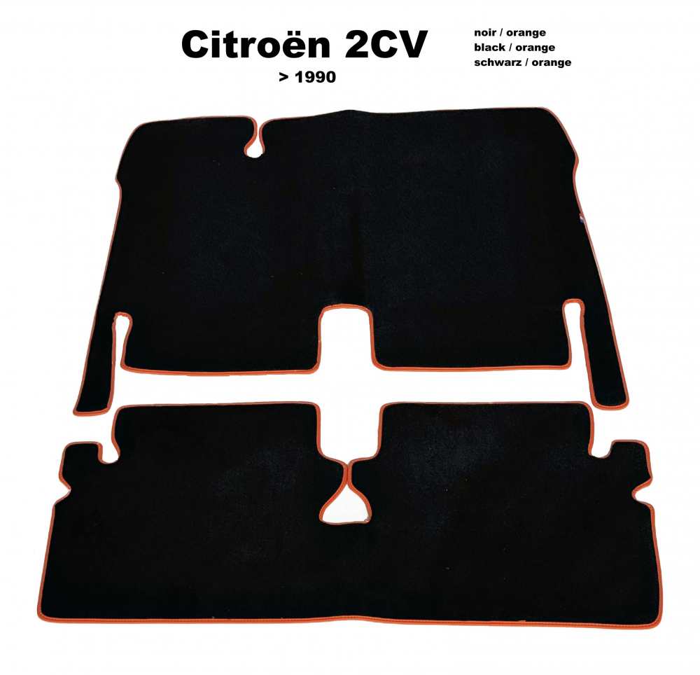 Citroen-2CV - Carpet set in velour. Colour: black, orange border trim, 2-piece. The carpet set covers th