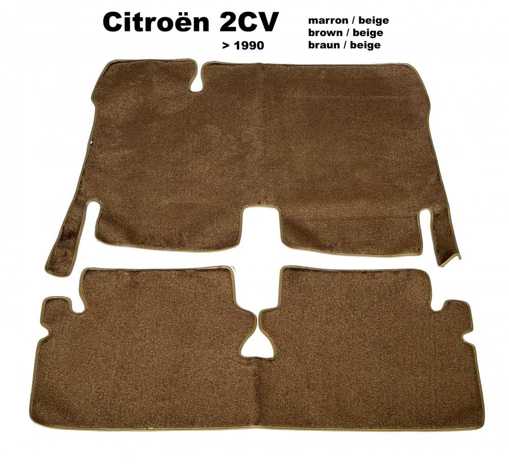 Citroen-2CV - Carpet set in velour. Colour: brown (Marron), beige border trim, 2-piece. The carpet set c