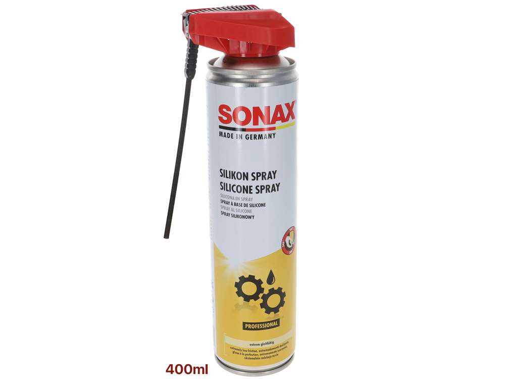 Silicone spray, 400ml. Manufacturer: SONAX. Silicone Spray is colourless.  It displaces water and offers very good lubric
