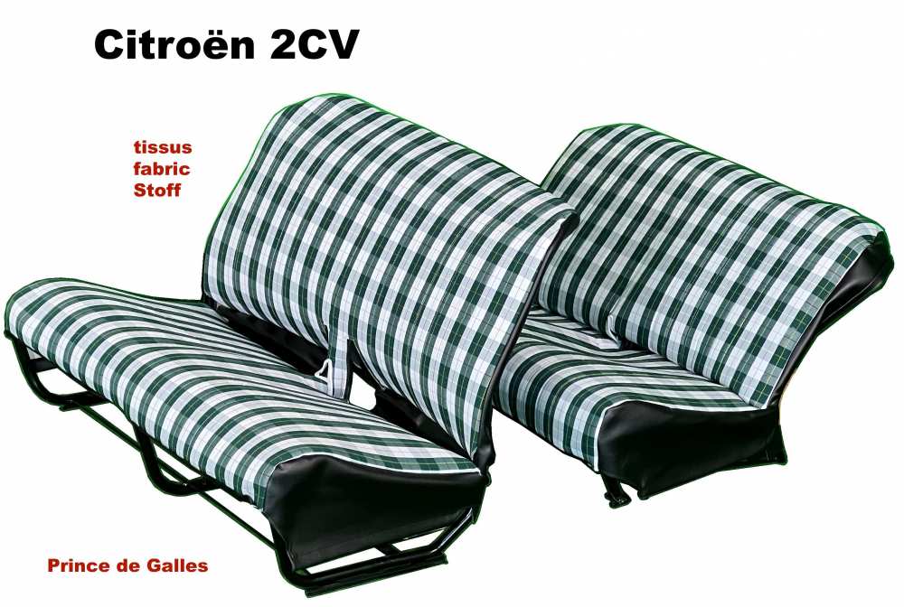 Citroen-2CV - Seat bench cover 2CV front + rear. Fabric in chequered green (Prince de Galles 2CV). This 