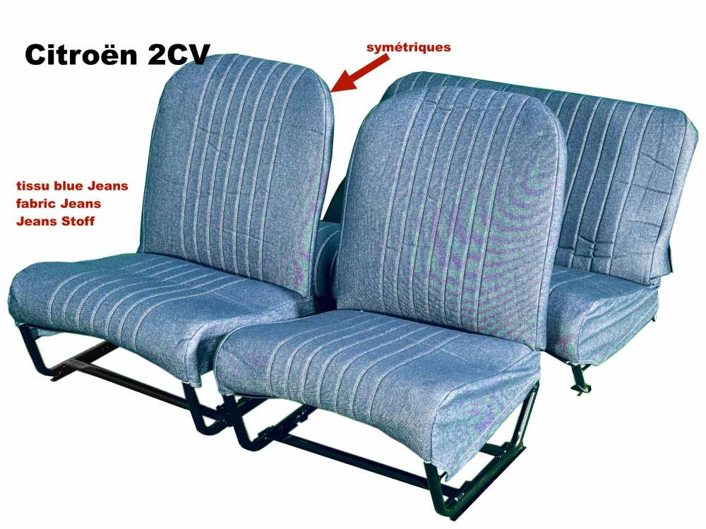 Citroen-2CV - Seat cover 2CV6 front + rear. Symmetrical backrest. Jeans fabric (dark blue, real fabric!)