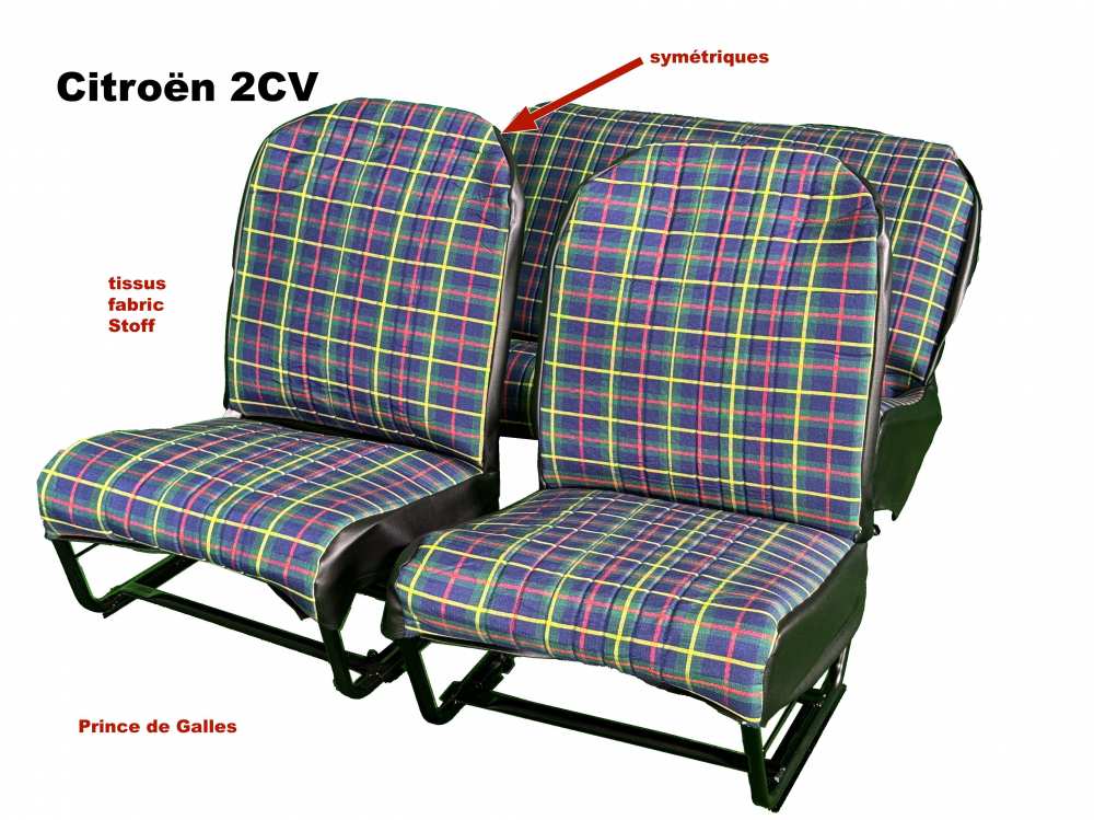 Renault - Seat cover 2CV front + rear. Symmetrical backrest. Fabric in chequered blue-green (Prince 
