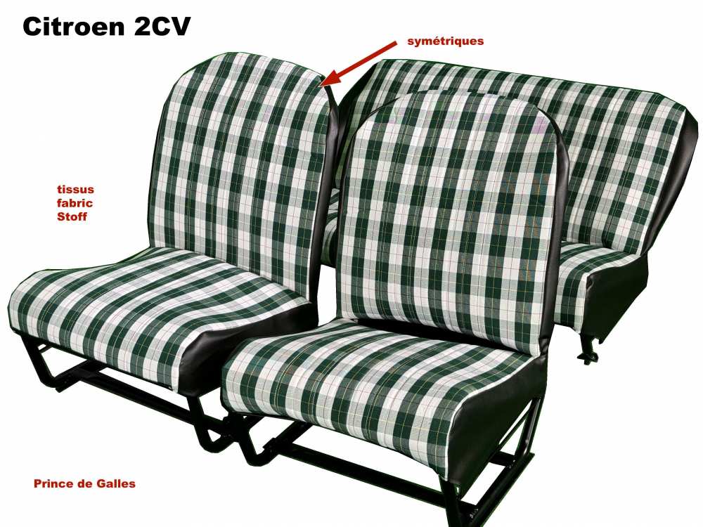 Renault - Seat cover 2CV front + rear. Symmetrical backrest. Fabric in chequered green (Prince de Ga