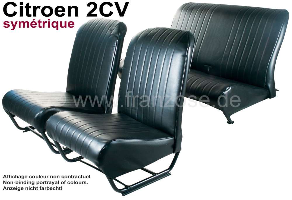 Citroen-2CV - Covering 2CV, in front + rear. Symmetric backrest. Vinyl black (smooth surface). For 2 sea