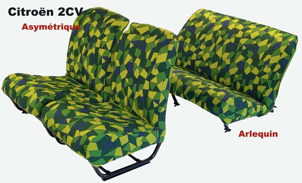 Citroen-2CV - 2CV front and rear seat covers. Asymmetrical backrest. Harlequin fabric. This crazy fabric