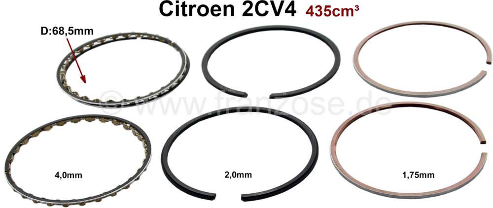 Citroen-2CV - Piston rings for Citroen 2CV4, 68,5mm bore, 435ccm. (1 set for 2 pistons). Label manufactu
