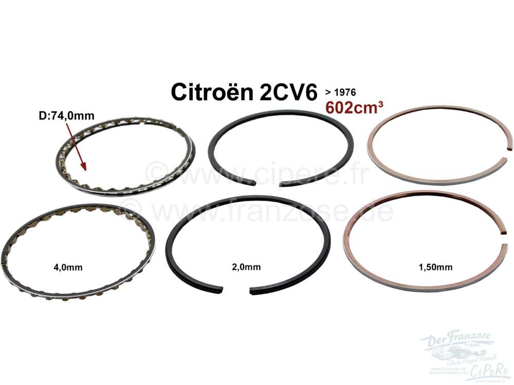 Citroen-2CV - Piston rings for Citroen 2CV6 to year of construction 1976. (1 set for 2 pistons). Bore 74