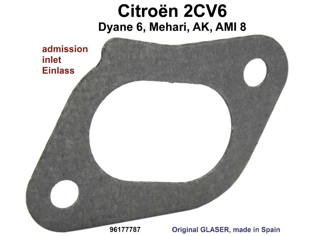 Alle - Manifold seal inlet, for 602cc engine. Citroen 2CV6. Or.Nr. 96177787. Measurement: 28,3x43