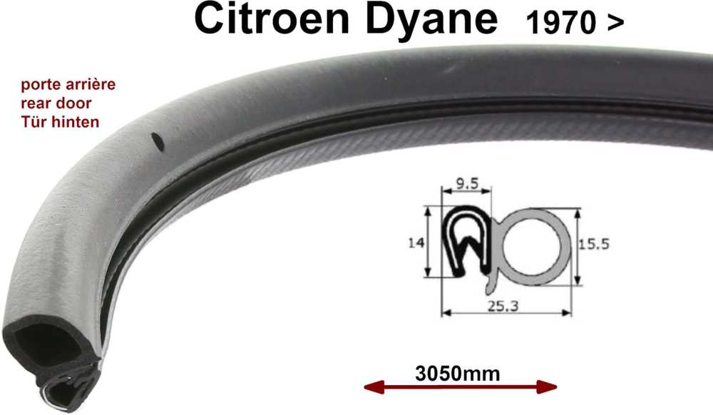 Citroen-2CV - Dyane, door seal rear (on the left of or on the right suitable). For Dyane starting from y