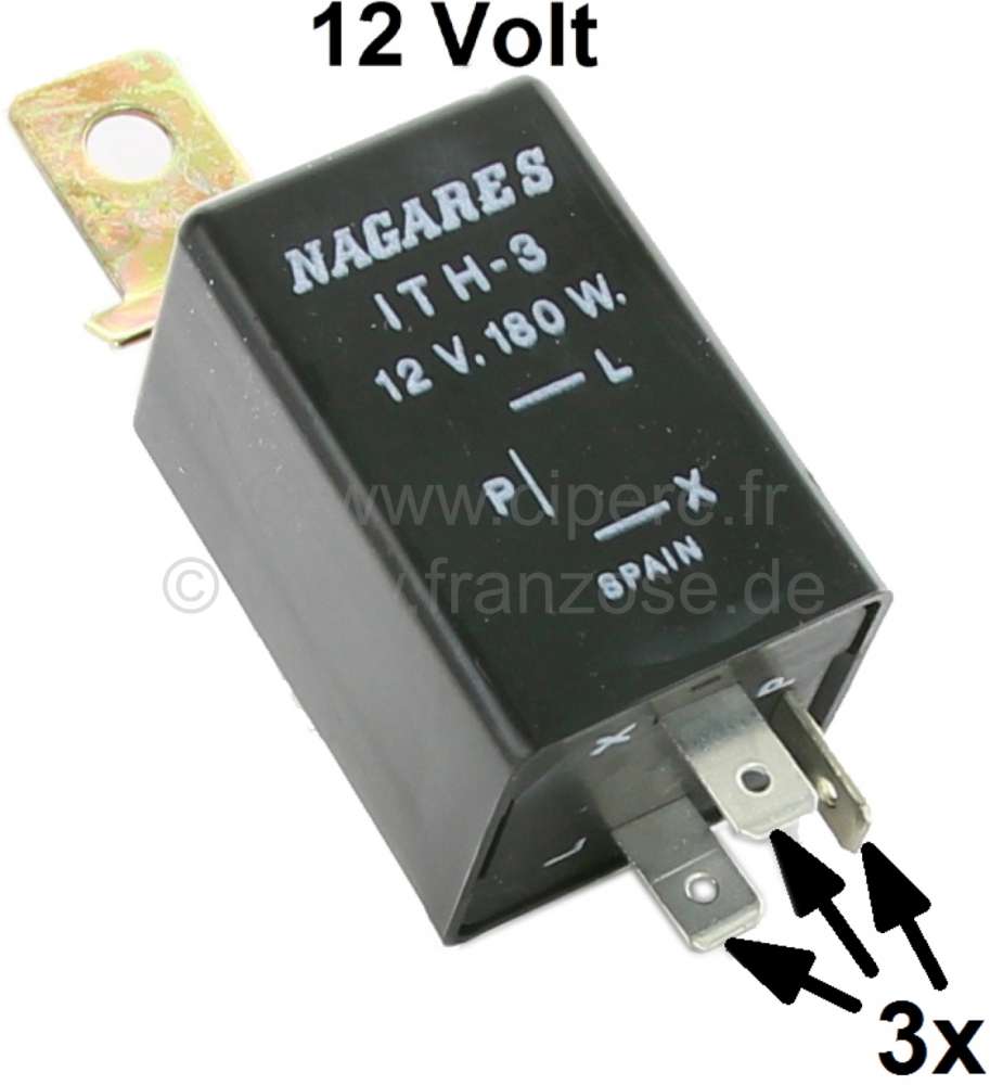 Renault - Flasher relay, 12 V, 3 plug connections. 180 Watt power output. Suitable for Citroen 2CV, 