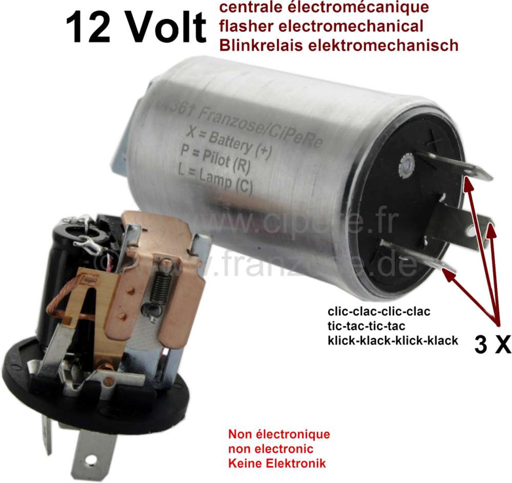 Citroen-2CV - Indicator-flash relay round, electromechanical. 12 volts, max. 4x21 watt. 3 poles X/P/L !!