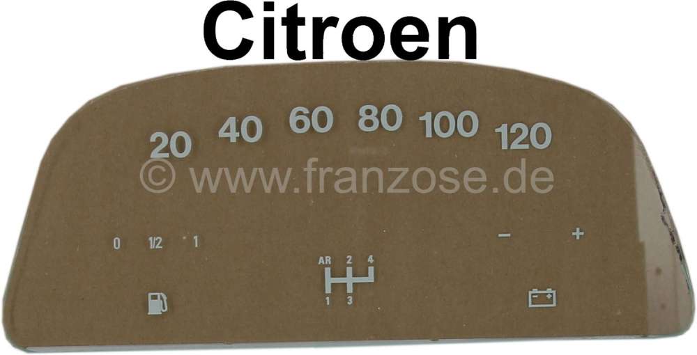 Citroen-2CV - Speedometer screen (120km/H), with printing (for the oval Veglia speedometer, 12 Volt). Su