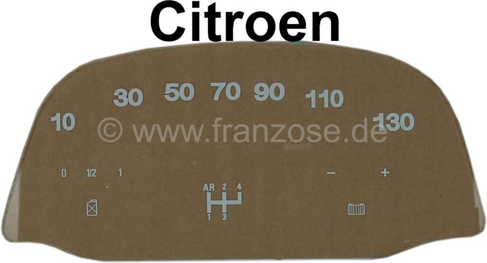 Citroen-2CV - Speedometer screen (130km/H), with printing (for the oval Jaeger speedometer, 12 Volt). Su