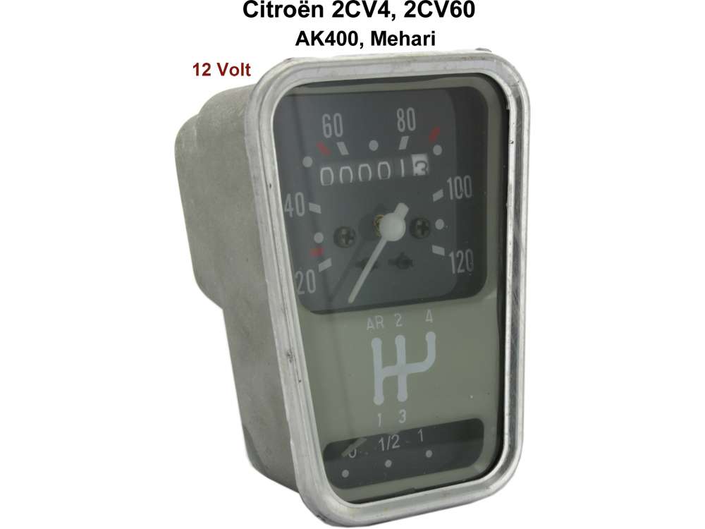 Renault - Speedometer small, for Citroen 2CV, AK, AZU, Citroen Mehari. Reproduction. 12 Volt