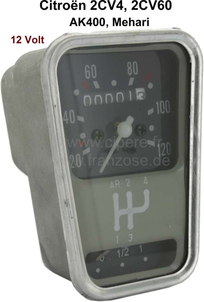 Citroen-2CV - Speedometer small, for Citroen 2CV, AK, AZU, Citroen Mehari. Reproduction. 12 Volt