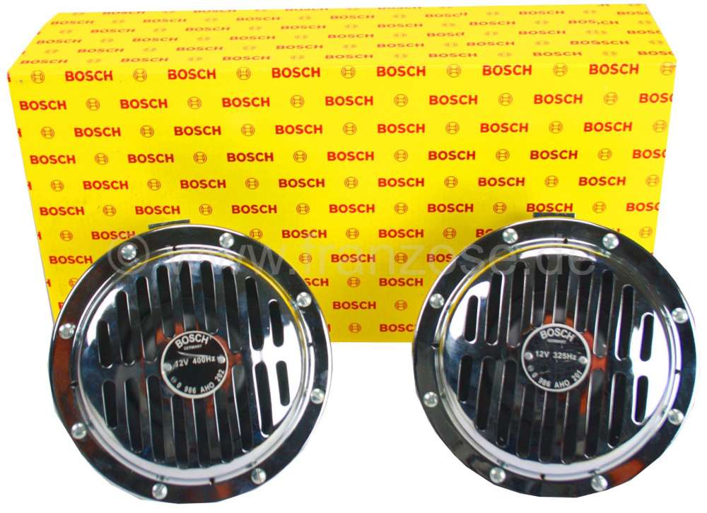 Citroen-DS-11CV-HY - Horn set (2 pieces) chrom-plated, from Bosch. Frequencies: 325 and 400 Hertz. Volume: 118 