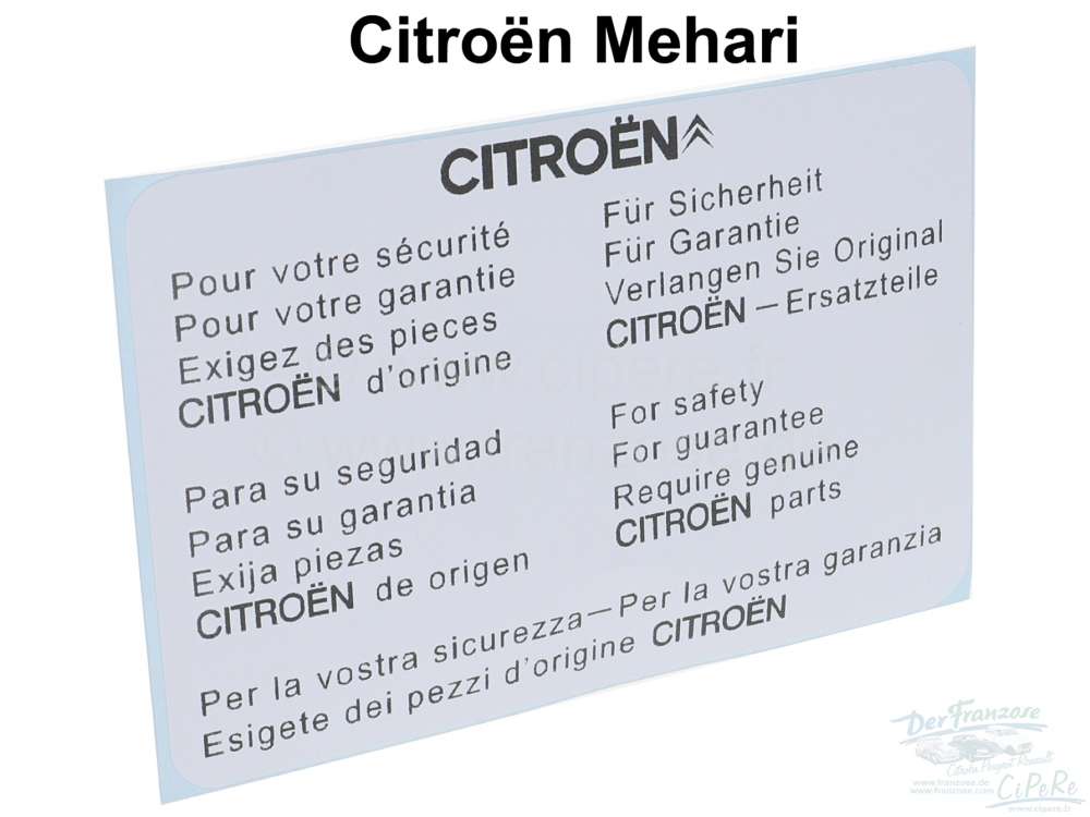 Citroen-2CV - Label guarantee, Citroen Mehari starting from 1977.