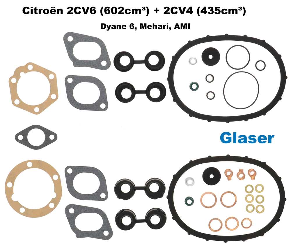 Citroen-2CV - 2CV6, 602ccm. Engine gasket set without shaft seals. For Citroen 2CV6 (to production end) 