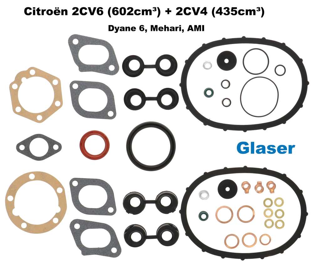 Citroen-2CV - 2CV6, 602ccm, engine gasket set inclusive. Shaft seals and ventil stem sealing. Suitable f