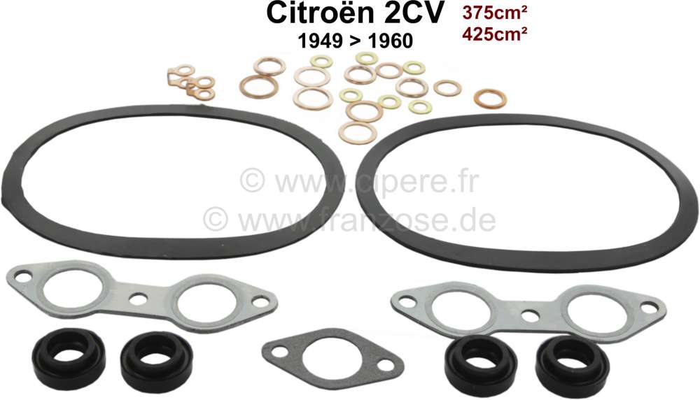 Alle - 2CV, 375/425cc, engine gasket set. Bore 62 + 66mm. Installed from year of construction 194
