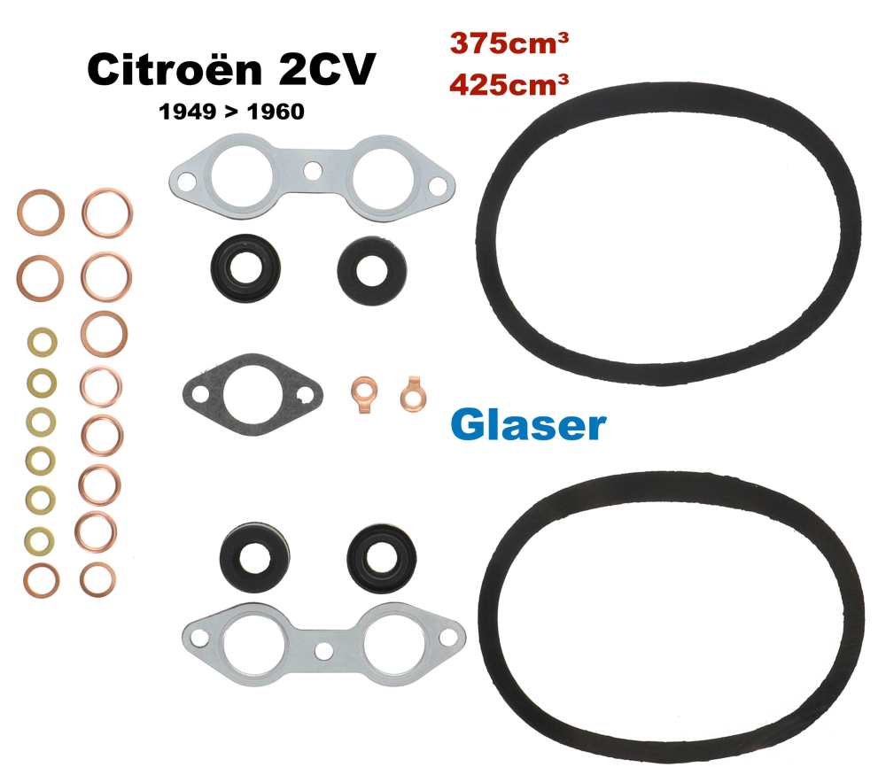 Citroen-2CV - 2CV, 375/425cc, engine gasket set. Bore 62 + 66mm. Installed from year of construction 194