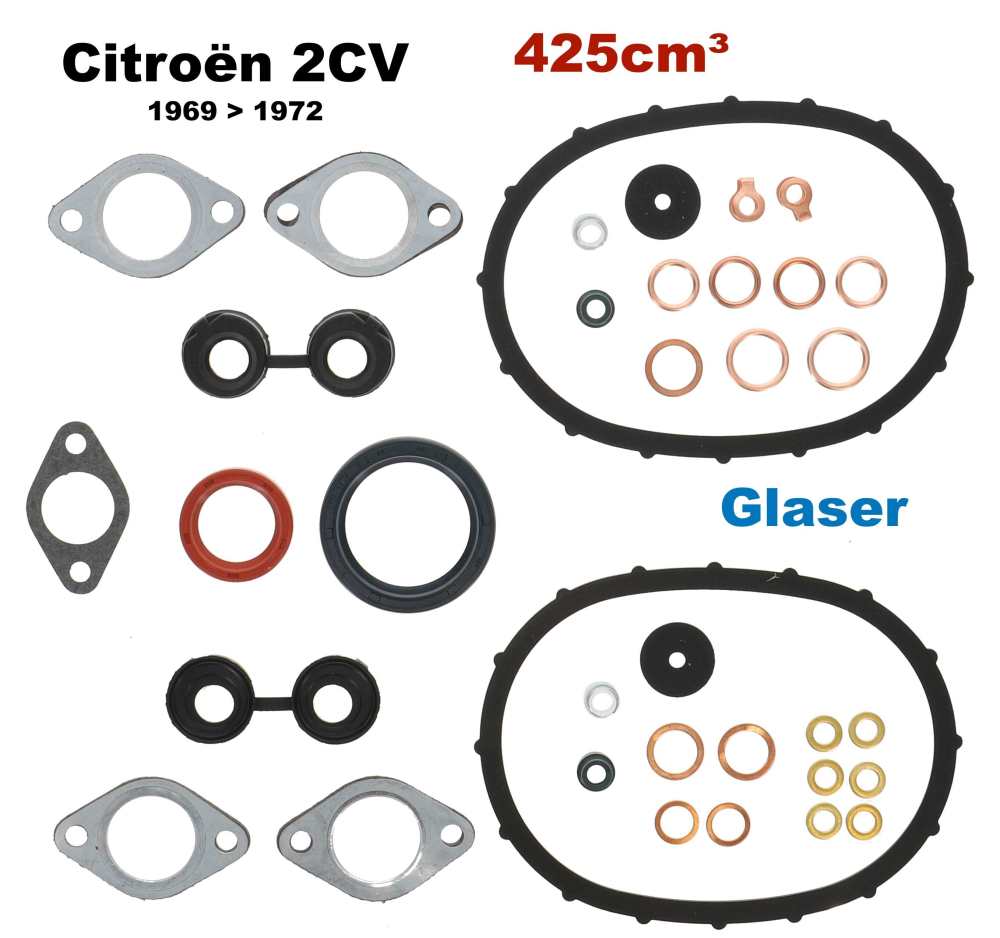 Citroen-2CV - 2CV, 425ccm, engine gasket set inclusive shaft seals. Bore 66mm. Installed from year of co