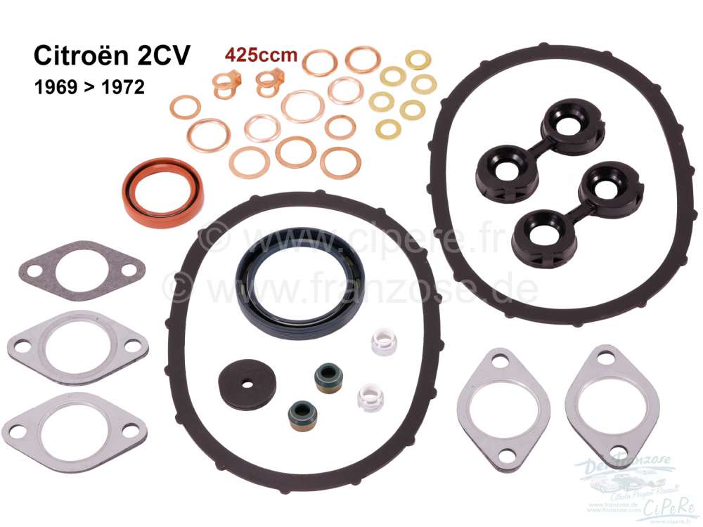 Alle - 2CV, 425ccm, engine gasket set inclusive shaft seals. Bore 66mm. Installed from year of co