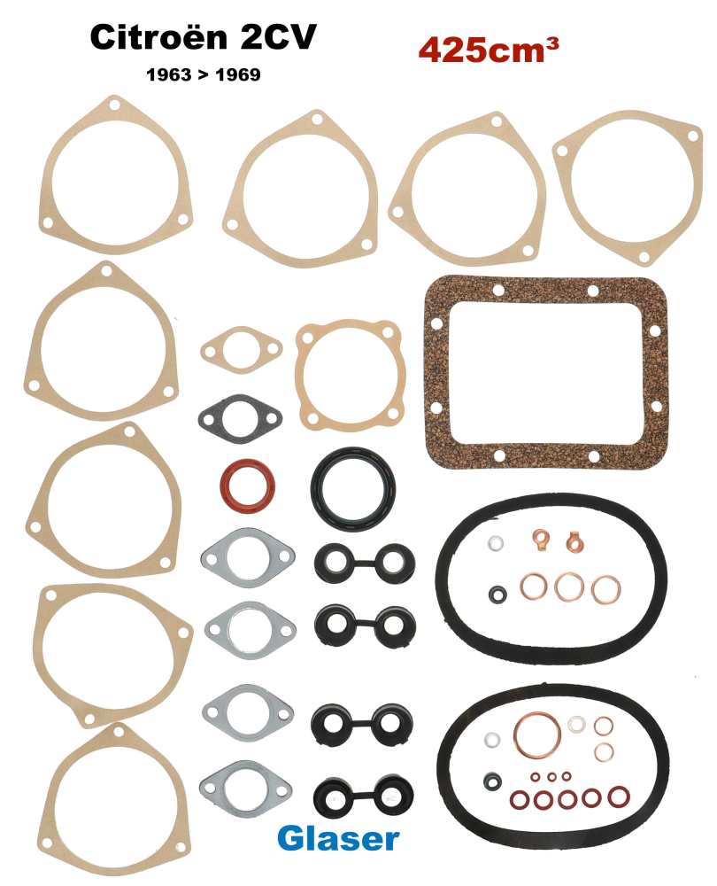 Citroen-2CV - 2CV, 425ccm, engine gasket set inclusive shaft seals. Bore 66mm. Installed from year of co