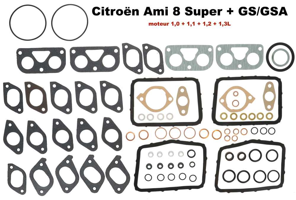 Citroen-2CV - Engine gasket set suitable for Citroen AMI8 Super. Citroen GS + GSA. Suitable for all engi