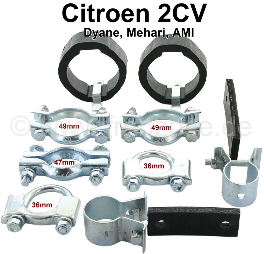 Citroen-2CV - 2CV6, exhaust mounting set completely. With all clips and retaining rubbers.