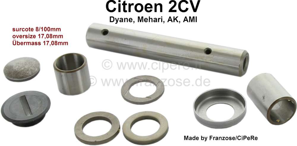 Alle - Kingpin oversize (17,08mm) for Citroen 2CV (Dyane, Mehari..). Complete with all bushes and