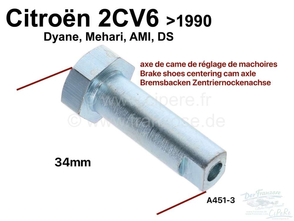 Citroen-DS-11CV-HY - Brake shoes centering cam axle, suitable for Citroen 2CV + Citroen DS. For all rear drums 