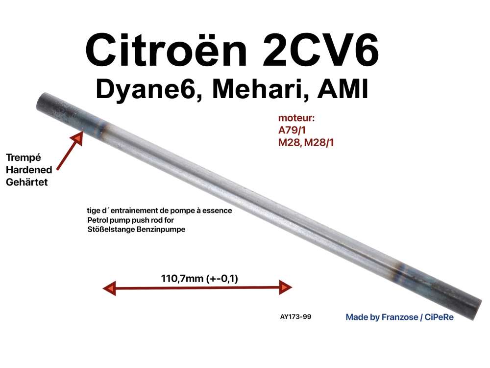 Citroen-2CV - Petrol pump push rod for Citroen 2CV6, Dyane 6, Mehari (petrol pump drive). Very good repr