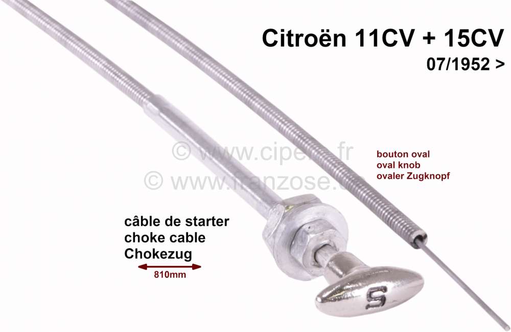 Alle - Choke cable with oval knob. Suitable for Citroen 11CV/15CV, starting from year of construc
