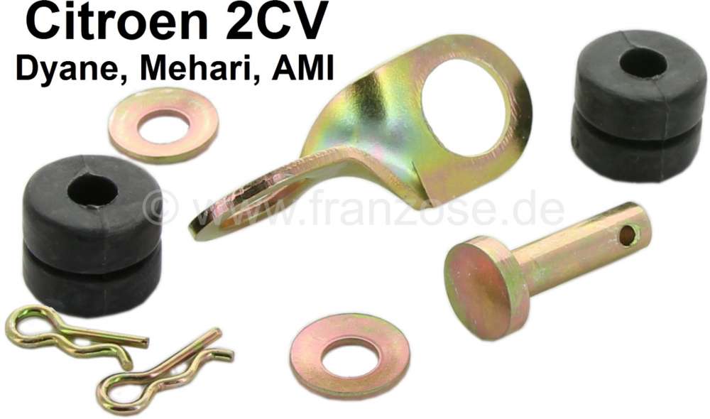 Citroen-2CV - Shift rod connector complete, with rubber bushings, spring washer, safety clips, bolts. Su