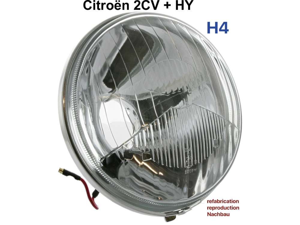 Citroen-DS-11CV-HY - Headlight insert round, H4. Suitable for Citroen 2CV, HY. Per piece. Reproduction.