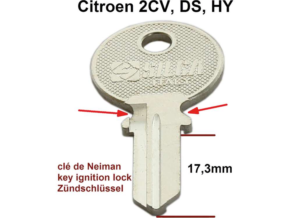 Citroen-2CV - Ignition lock key blank, suitable for Citroen 2CV, DS, HY. (small version, ignition key ha
