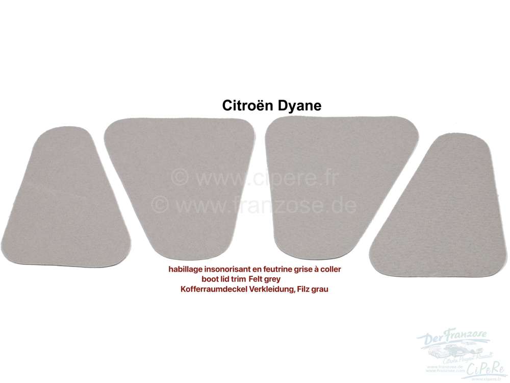 Citroen-2CV - Dyane, boot lid trim (3 parts). Felt grey. The trim must be glued in place. Made in Italy.