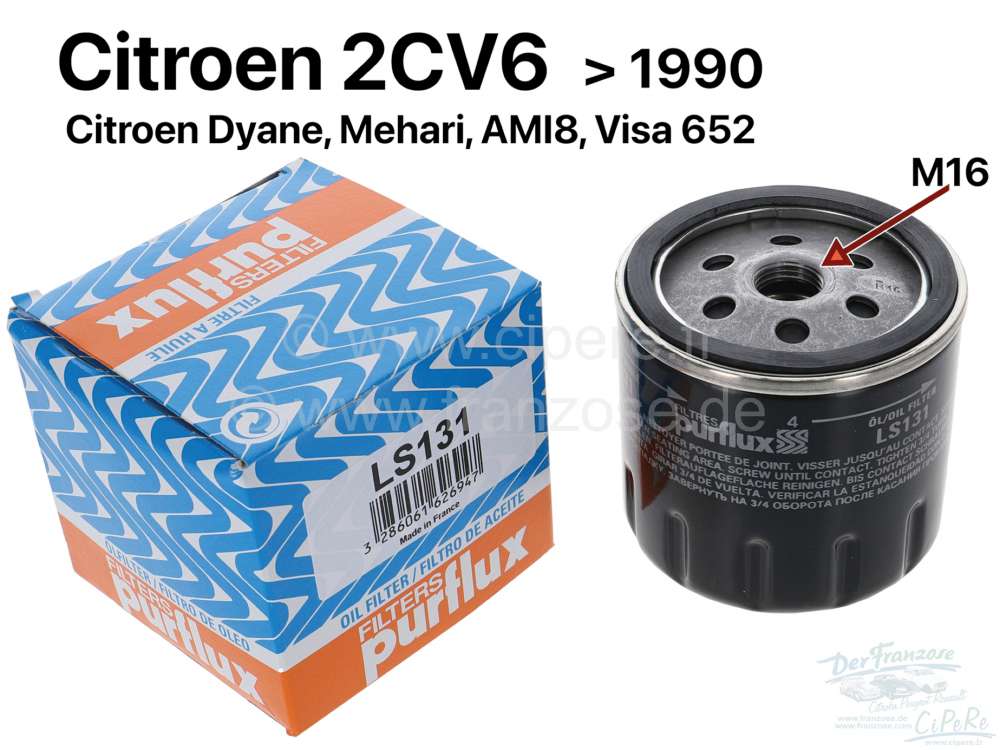 Alle - Oil filter for Citroen 2CV. Original or brand supplier (Valeo or Mecafilter-Purflux). (No 