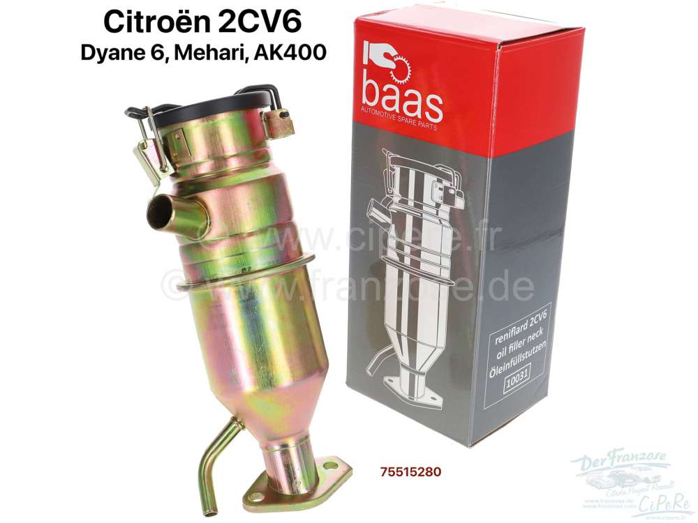 Citroen-2CV - Oil filler neck, suitable for Citroen 2CV6, Dyane 6, Mehari. (includes crankcase ventilati
