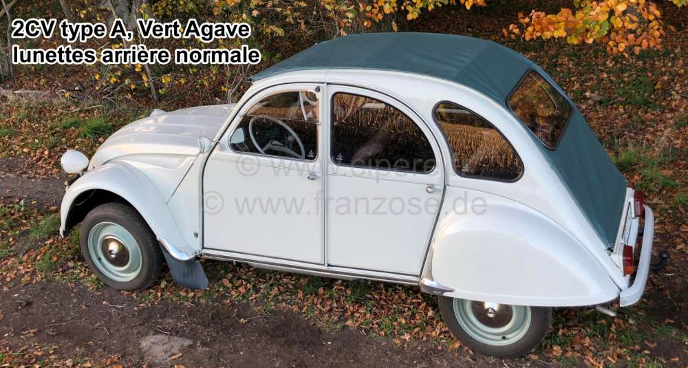 Alle - 2CV old, soft top hood long darker green (Vert Agave) with normal back window. External lo
