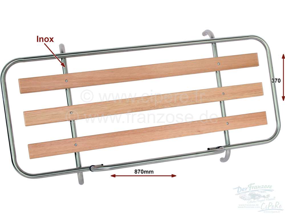 Citroen-2CV - Rear rack from polished high-grade steel, with wooden strips. Dimension: 890 x 470mm. Dril