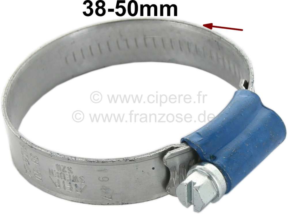 Peugeot - Hose clamp 38-50mm, especially for radiator hose. Vintage look. Embossed band with raised 