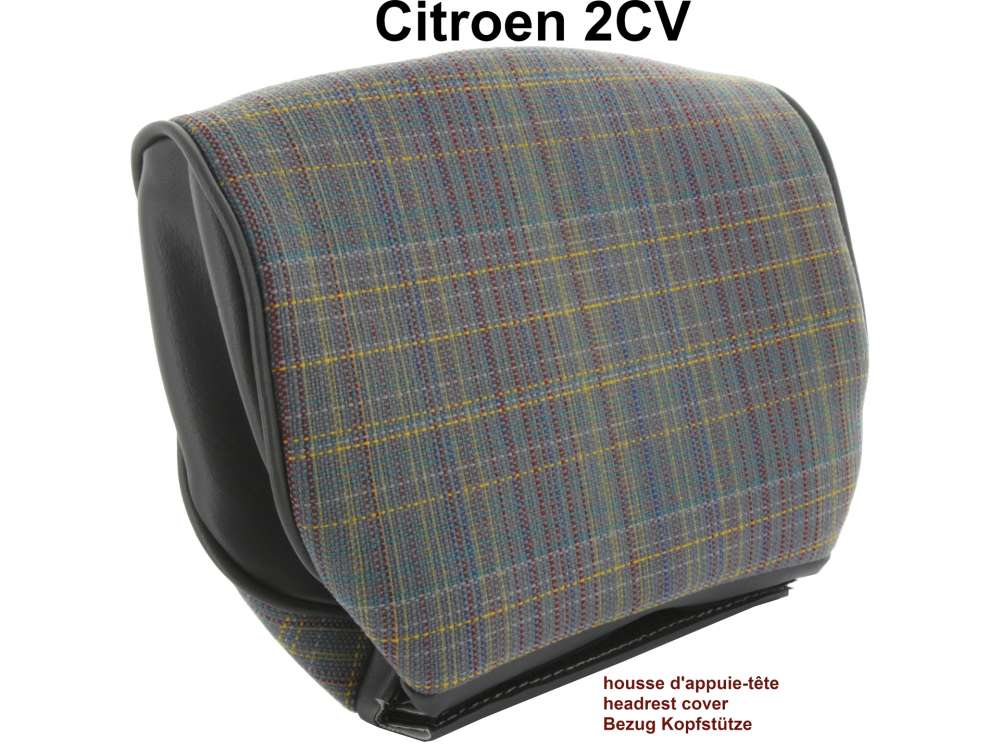 Alle - 2CV, Headrest cover for Citroen 2CV Club. Grey with blue + red threads, final version, Ins